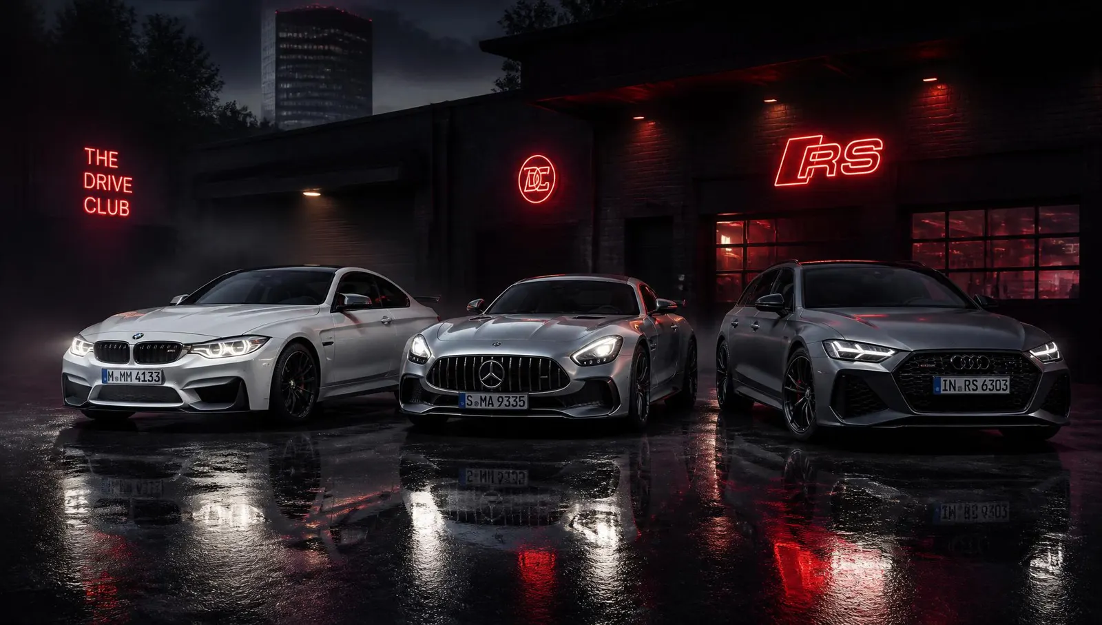 Alignement de voitures premium — BMW M4, Mercedes-AMG GT, Audi RS6